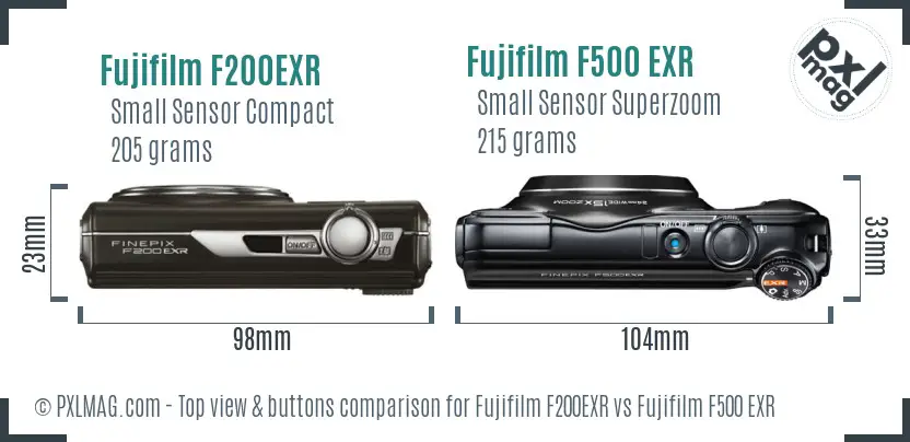 Fujifilm F200EXR vs Fujifilm F500 EXR top view buttons comparison