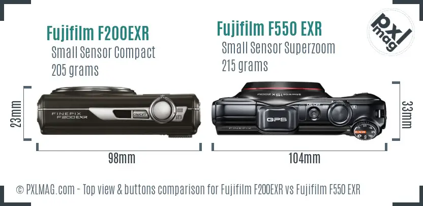 Fujifilm F200EXR vs Fujifilm F550 EXR top view buttons comparison Fujifilm F200EXR vs Fujifilm F550 EXR top view buttons comparison
