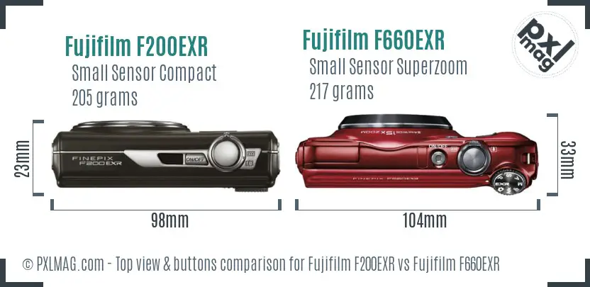 Fujifilm F200EXR vs Fujifilm F660EXR top view buttons comparison Fujifilm F200EXR vs Fujifilm F660EXR top view buttons comparison