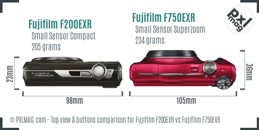 Fujifilm F200EXR vs Fujifilm F750EXR top view buttons comparison