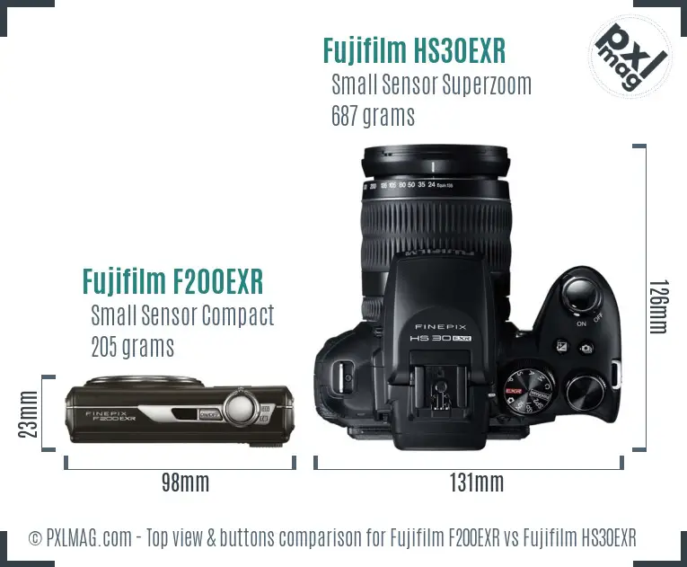 Fujifilm F200EXR vs Fujifilm HS30EXR top view buttons comparison