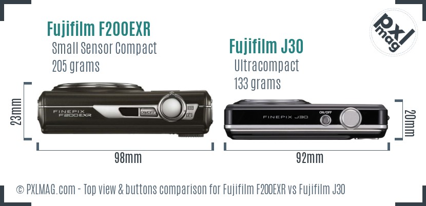 Fujifilm F200EXR vs Fujifilm J30 top view buttons comparison