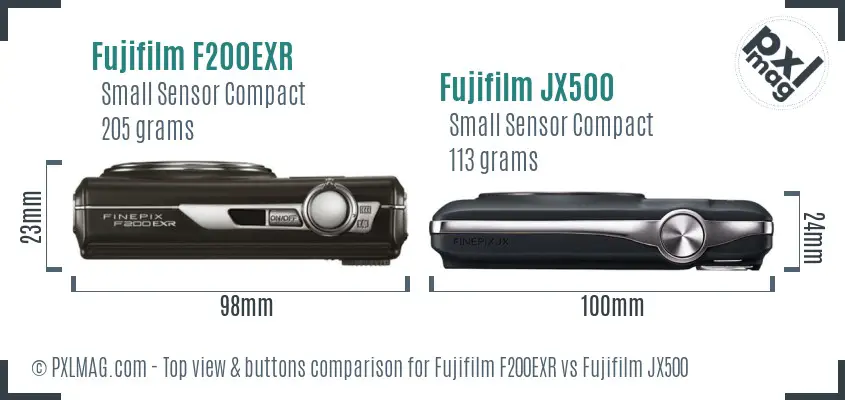 Fujifilm F200EXR vs Fujifilm JX500 top view buttons comparison
