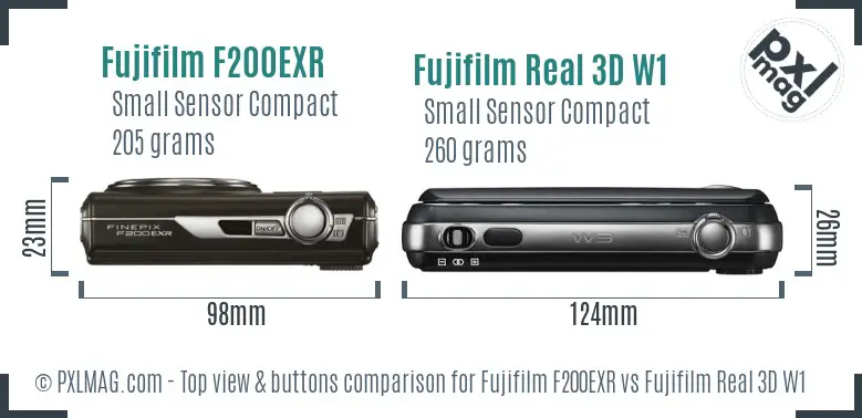 Fujifilm F200EXR vs Fujifilm Real 3D W1 top view buttons comparison Fujifilm F200EXR vs Fujifilm Real 3D W1 top view buttons comparison