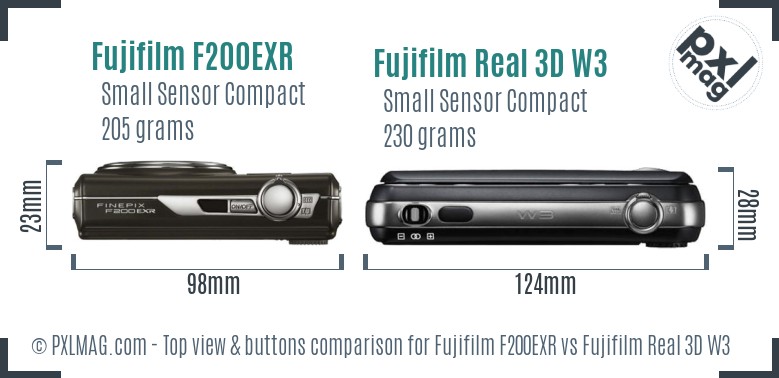 Fujifilm F200EXR vs Fujifilm Real 3D W3 top view buttons comparison