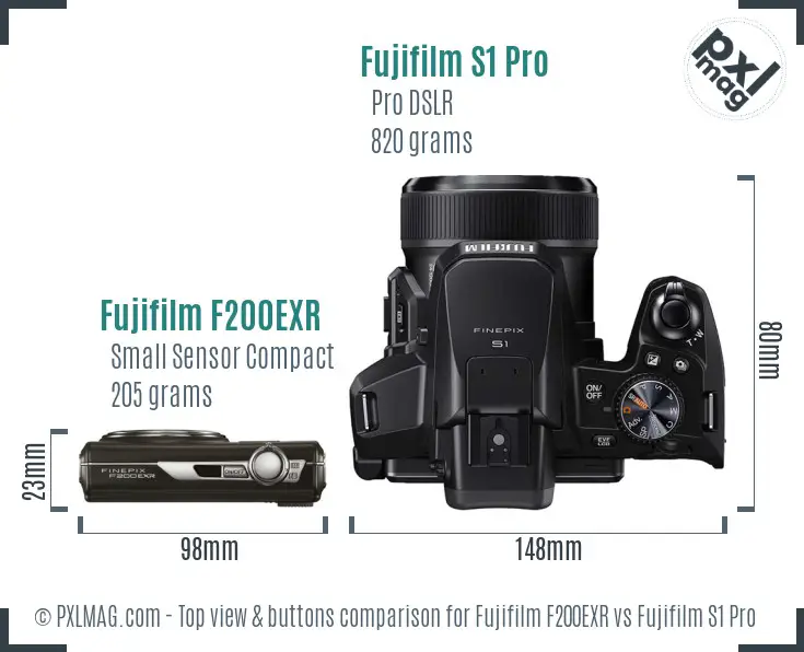 Fujifilm F200EXR vs Fujifilm S1 Pro top view buttons comparison Fujifilm F200EXR vs Fujifilm S1 Pro top view buttons comparison