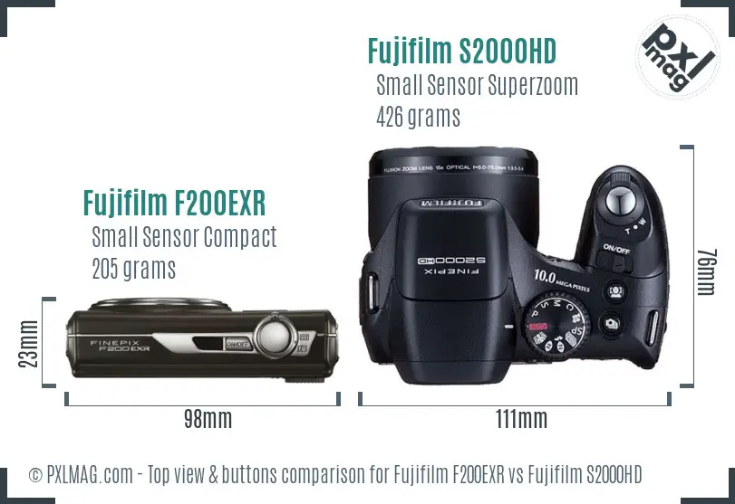 Fujifilm F200EXR vs Fujifilm S2000HD top view buttons comparison Fujifilm F200EXR vs Fujifilm S2000HD top view buttons comparison