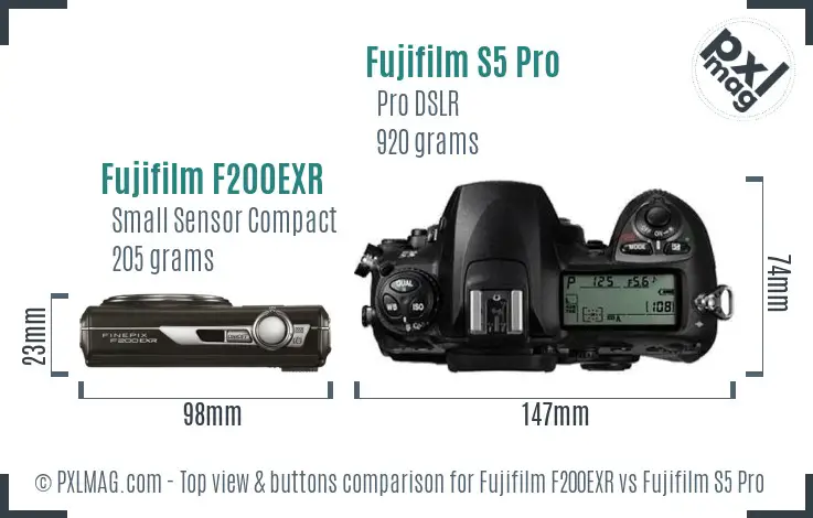 Fujifilm F200EXR vs Fujifilm S5 Pro top view buttons comparison Fujifilm F200EXR vs Fujifilm S5 Pro top view buttons comparison