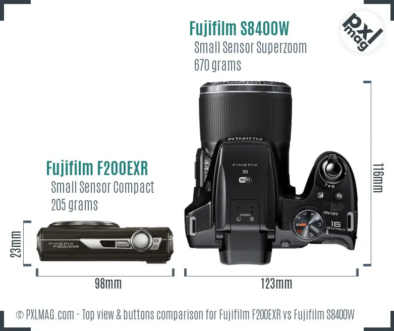 Fujifilm F200EXR vs Fujifilm S8400W top view buttons comparison Fujifilm F200EXR vs Fujifilm S8400W top view buttons comparison