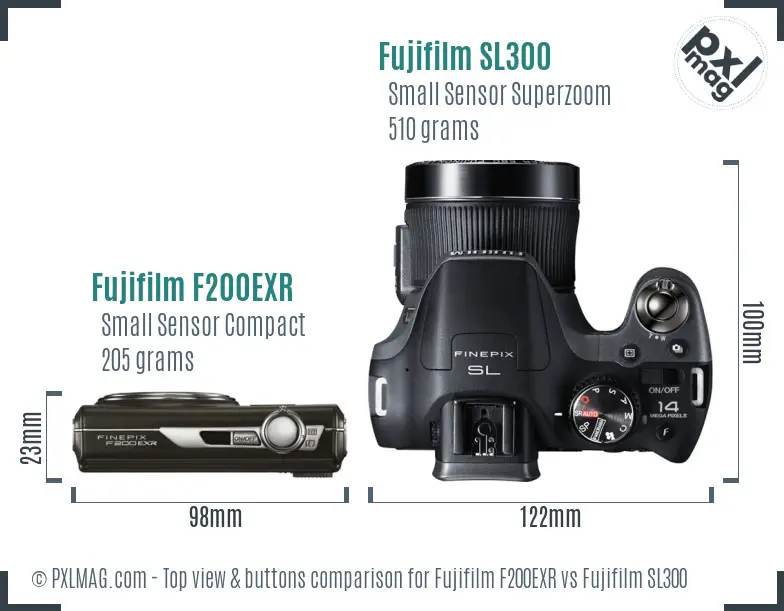 Fujifilm F200EXR vs Fujifilm SL300 top view buttons comparison