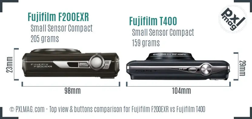 Fujifilm F200EXR vs Fujifilm T400 top view buttons comparison