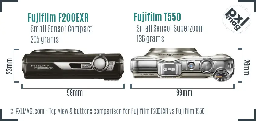 Fujifilm F200EXR vs Fujifilm T550 top view buttons comparison