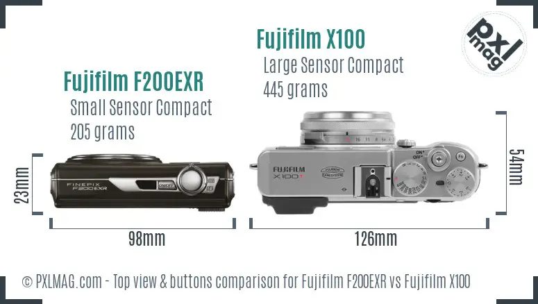 Fujifilm F200EXR vs Fujifilm X100 top view buttons comparison