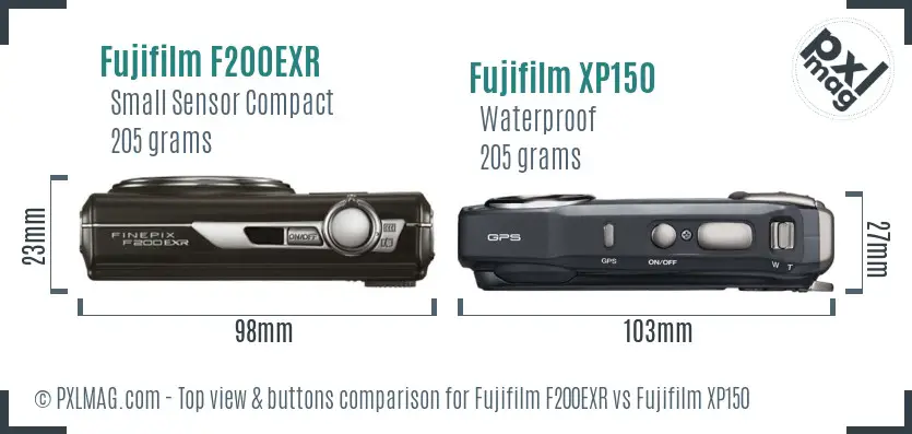 Fujifilm F200EXR vs Fujifilm XP150 top view buttons comparison