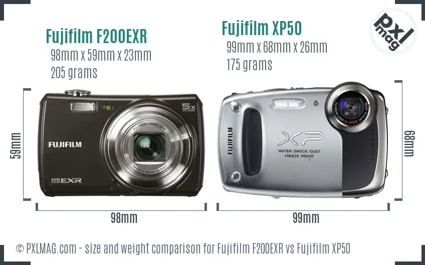 Fujifilm F200EXR vs Fujifilm XP50 size comparison Fujifilm F200EXR vs Fujifilm XP50 size comparison
