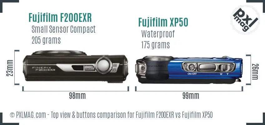 Fujifilm F200EXR vs Fujifilm XP50 top view buttons comparison Fujifilm F200EXR vs Fujifilm XP50 top view buttons comparison