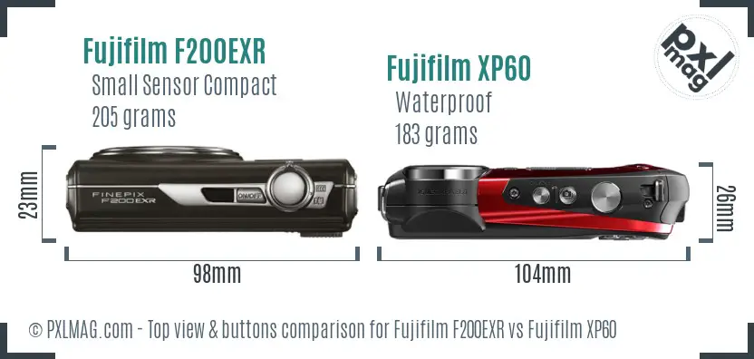Fujifilm F200EXR vs Fujifilm XP60 top view buttons comparison Fujifilm F200EXR vs Fujifilm XP60 top view buttons comparison