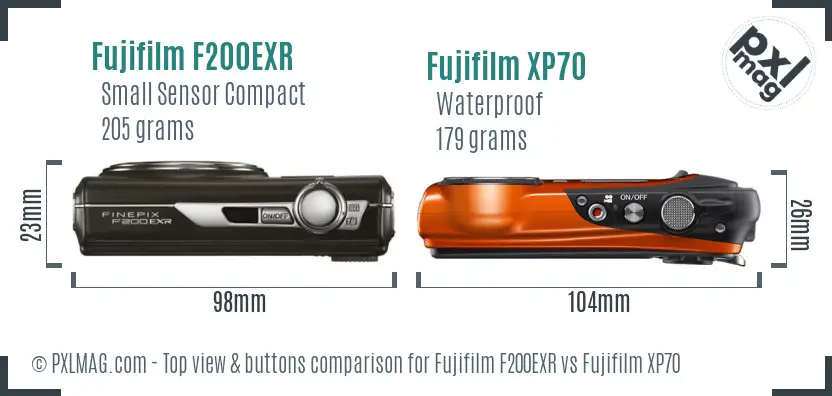 Fujifilm F200EXR vs Fujifilm XP70 top view buttons comparison