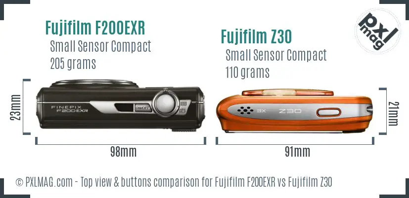 Fujifilm F200EXR vs Fujifilm Z30 top view buttons comparison