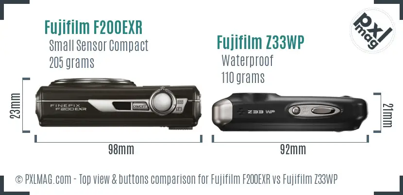 Fujifilm F200EXR vs Fujifilm Z33WP top view buttons comparison Fujifilm F200EXR vs Fujifilm Z33WP top view buttons comparison