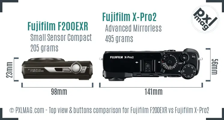 Fujifilm F200EXR vs Fujifilm X-Pro2 top view buttons comparison
