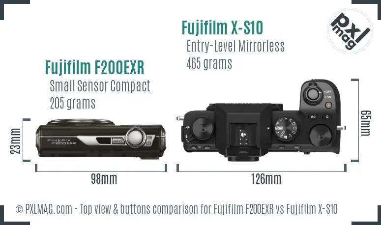 Fujifilm F200EXR vs Fujifilm X-S10 top view buttons comparison