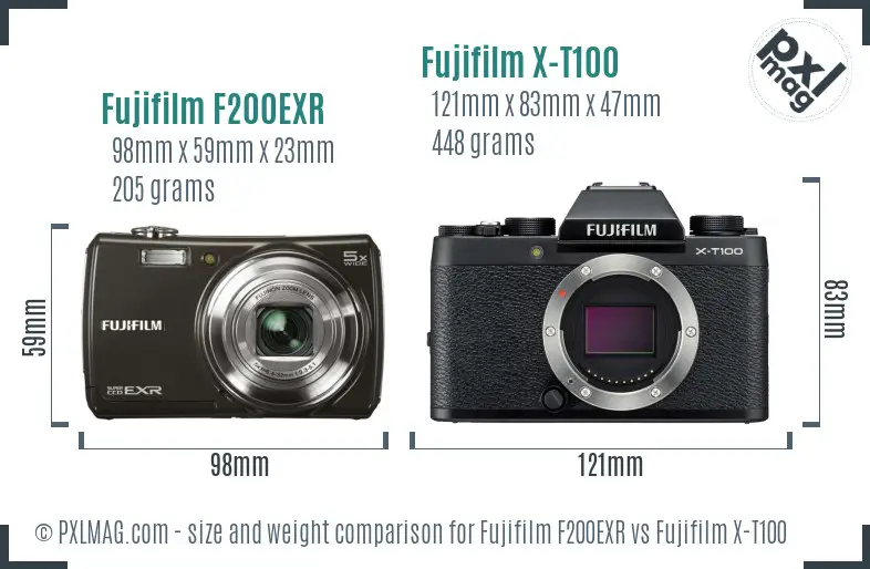 Fujifilm F200EXR vs Fujifilm X-T100 size comparison