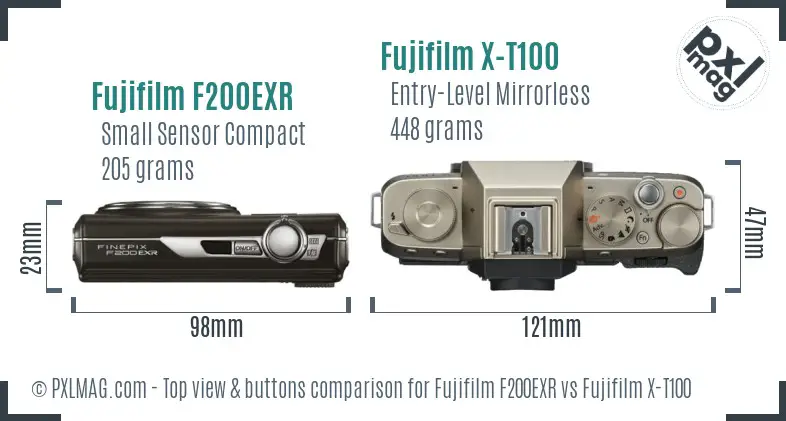 Fujifilm F200EXR vs Fujifilm X-T100 top view buttons comparison