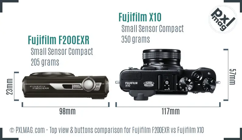 Fujifilm F200EXR vs Fujifilm X10 top view buttons comparison