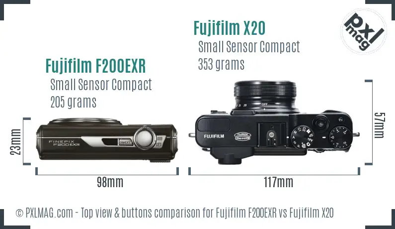 Fujifilm F200EXR vs Fujifilm X20 top view buttons comparison