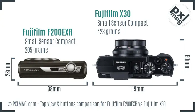 Fujifilm F200EXR vs Fujifilm X30 top view buttons comparison