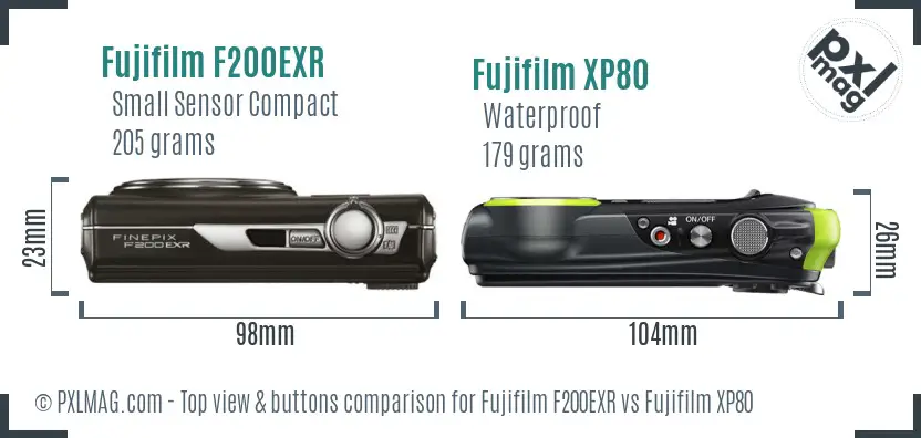 Fujifilm F200EXR vs Fujifilm XP80 top view buttons comparison