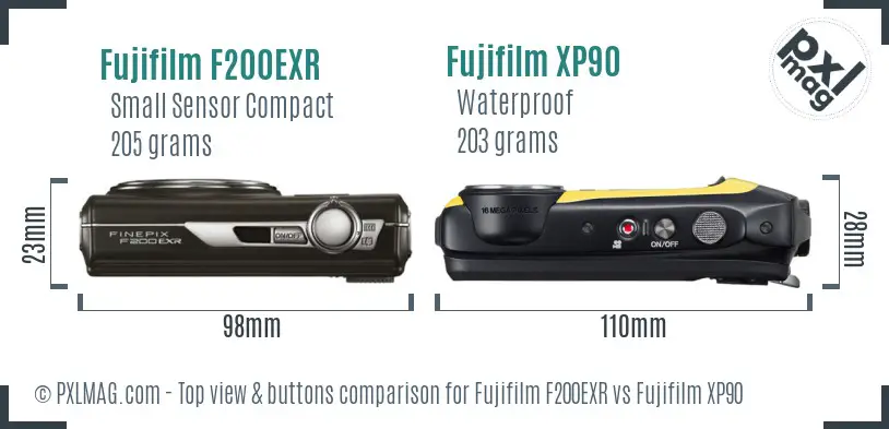 Fujifilm F200EXR vs Fujifilm XP90 top view buttons comparison Fujifilm F200EXR vs Fujifilm XP90 top view buttons comparison
