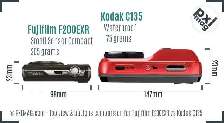 Fujifilm F200EXR vs Kodak C135 top view buttons comparison Fujifilm F200EXR vs Kodak C135 top view buttons comparison