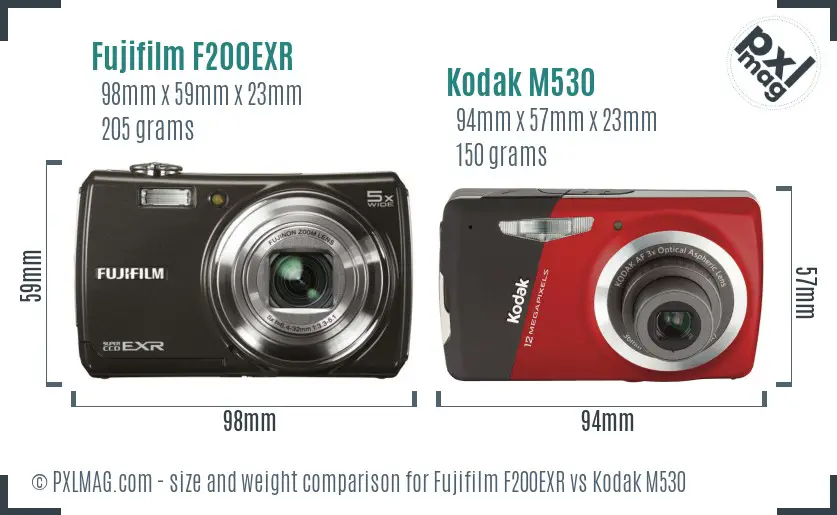Fujifilm F200EXR vs Kodak M530 size comparison