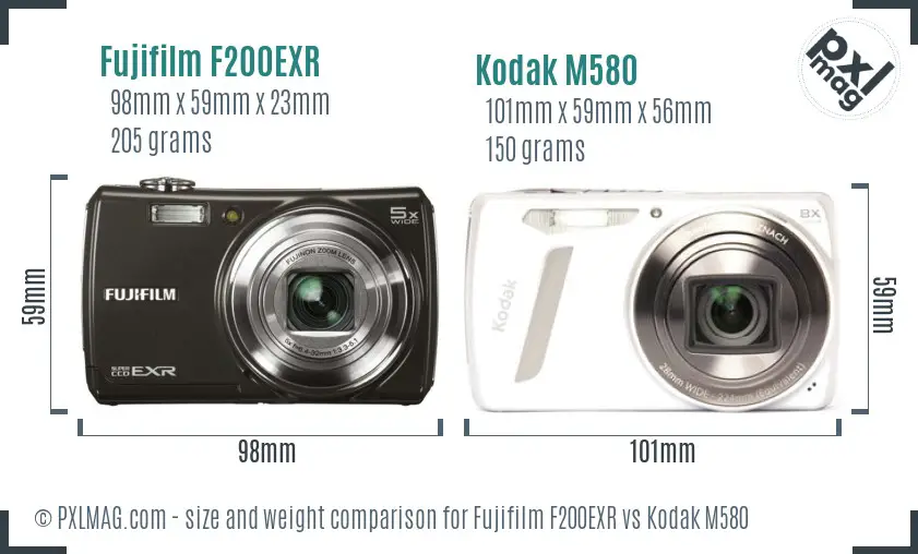 Fujifilm F200EXR vs Kodak M580 size comparison