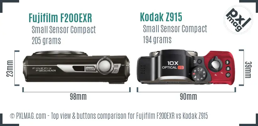 Fujifilm F200EXR vs Kodak Z915 top view buttons comparison
