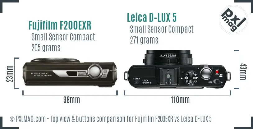 Fujifilm F200EXR vs Leica D-LUX 5 top view buttons comparison