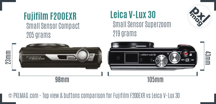 Fujifilm F200EXR vs Leica V-Lux 30 top view buttons comparison