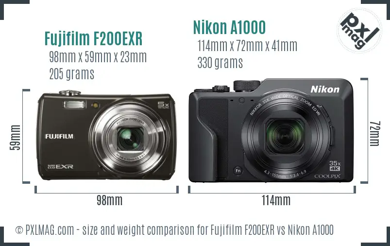Fujifilm F200EXR vs Nikon A1000 size comparison