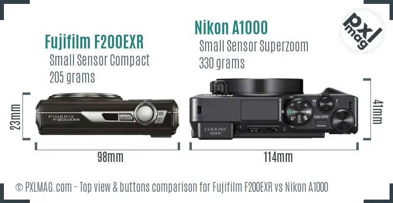 Fujifilm F200EXR vs Nikon A1000 top view buttons comparison