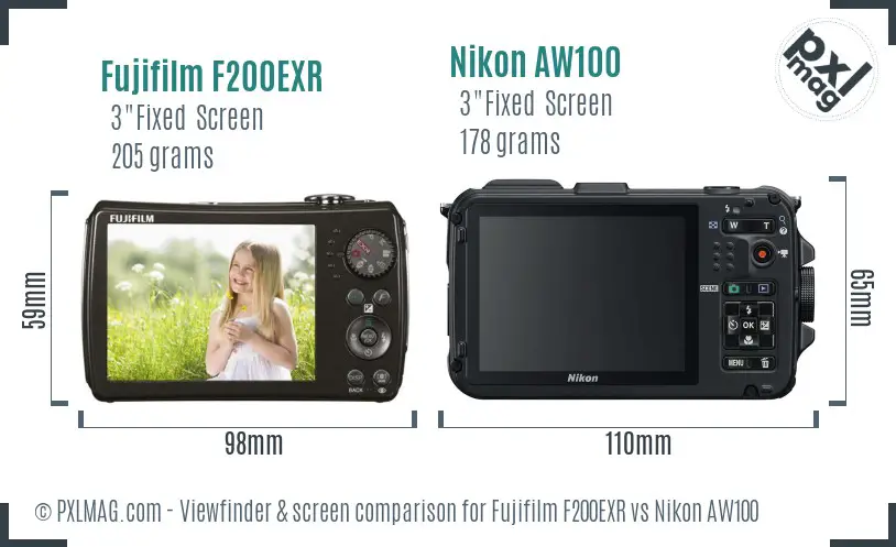 Back LCD screen of Fujifilm F200EXR and Nikon AW100 showing resolution and interface