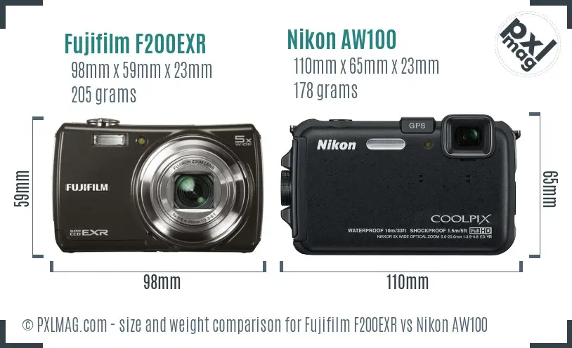 Compact camera size comparison between Fujifilm F200EXR and Nikon AW100