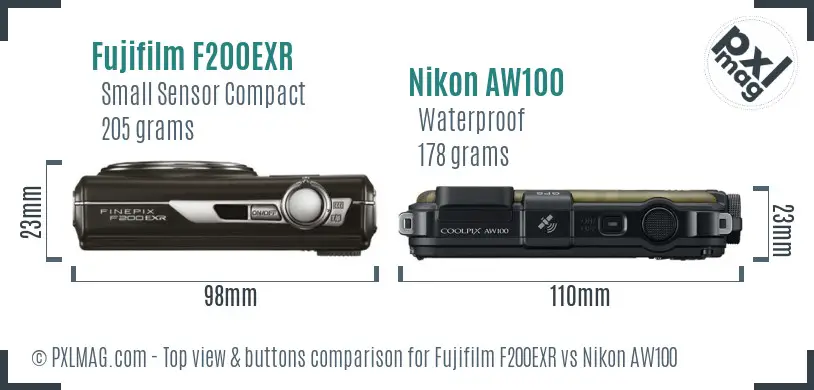 Top view comparison showing control layout of Fuji F200EXR and Nikon AW100