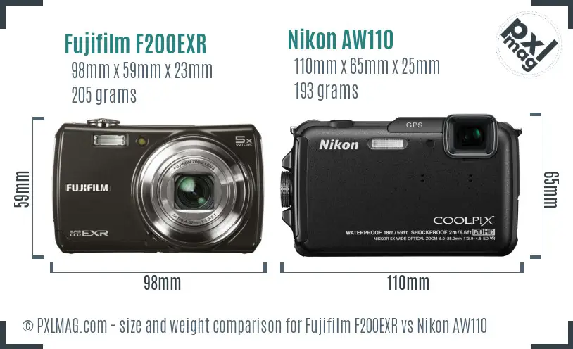 Fujifilm F200EXR vs Nikon AW110 size comparison