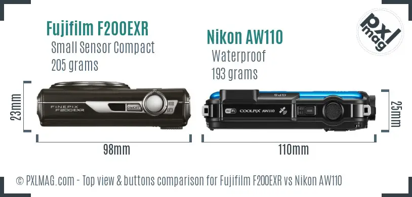 Fujifilm F200EXR vs Nikon AW110 top view buttons comparison