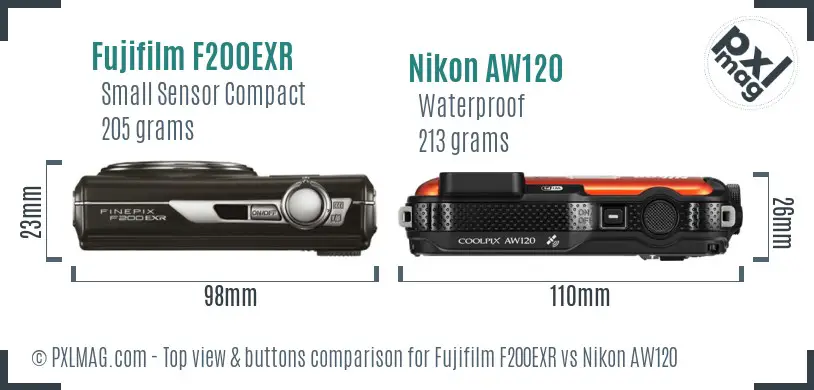 Fujifilm F200EXR vs Nikon AW120 top view buttons comparison