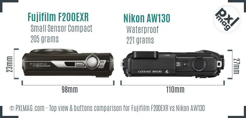 Fujifilm F200EXR vs Nikon AW130 top view buttons comparison