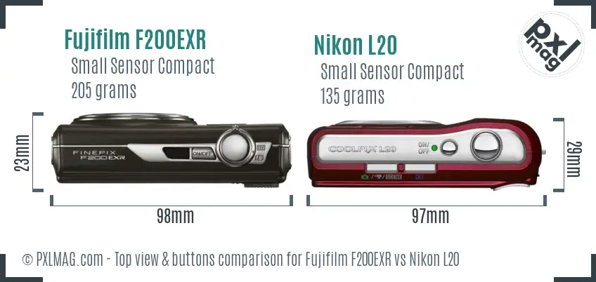 Fujifilm F200EXR vs Nikon L20 top view buttons comparison