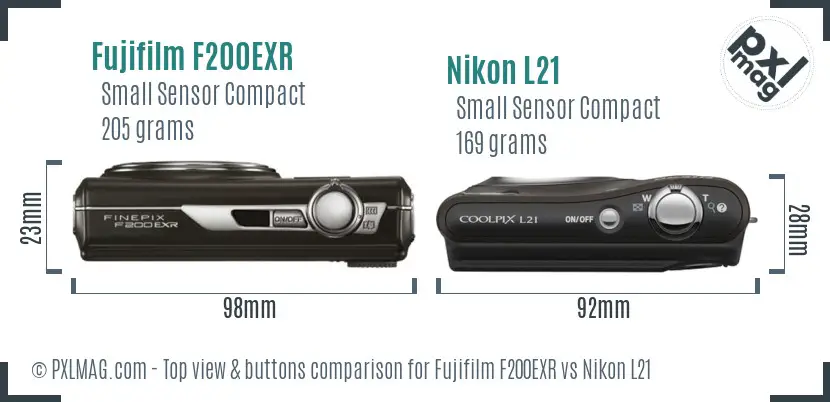 Fujifilm F200EXR vs Nikon L21 top view buttons comparison